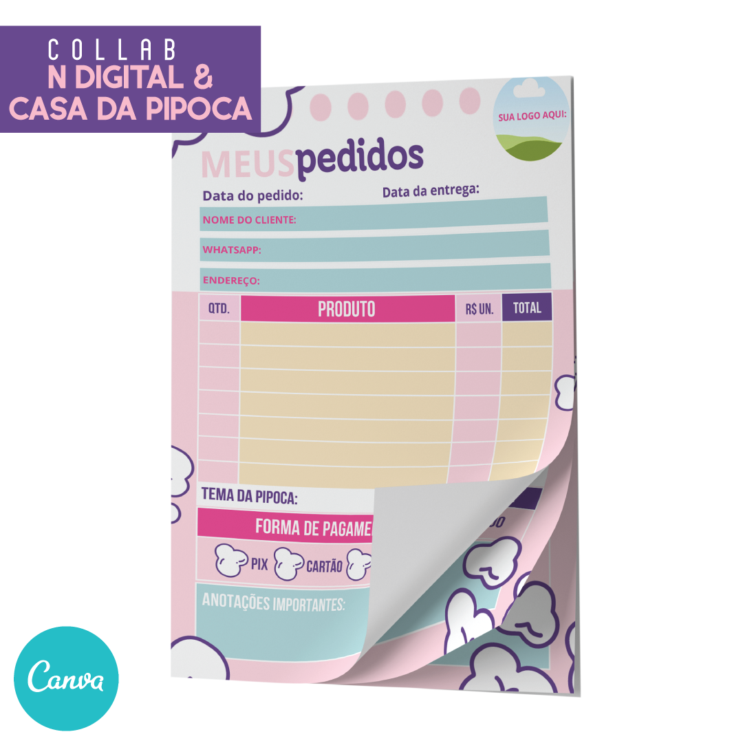 Folha de Pedidos N Digital & Casa da Pipoca Editável no Canva